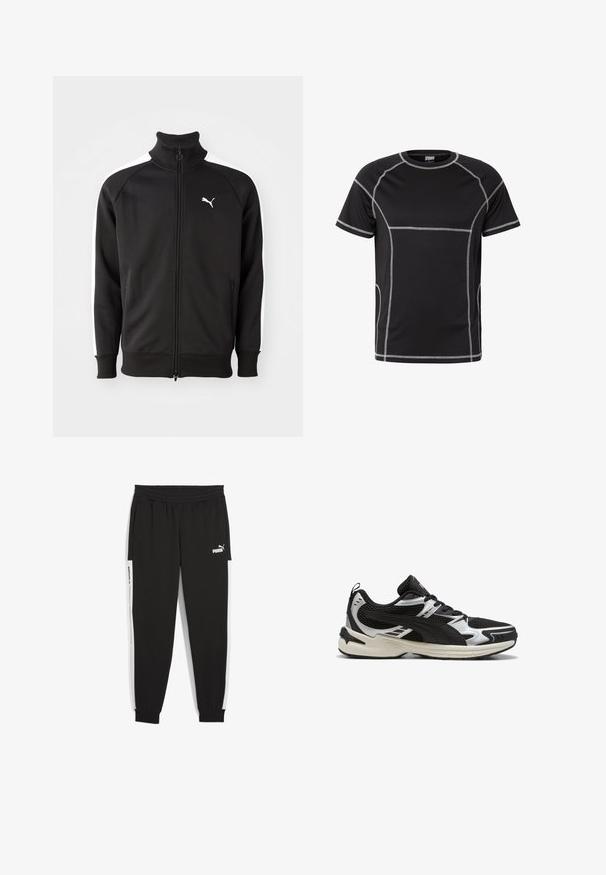 Zwarte ritssluitingjack gemaakt van gladde stof, met witte zijstrepen en een hoge kraag, met een klein wit Puma-logo op de borst.; Zwart sportshirt met korte mouwen met contrasterende witte flatlockstiksels en een ronde hals, afgebeeld tegen een witte achtergrond.; Zwarte jogger broek met elastische tailleband, zijzakken en witte zijpanelen. Kenmerkt een witte "PUMA" logo aan de voorkant.; Zwart-witte sportschoenen met mesh en synthetische bovenkant, vetersluiting, gevoerde kraag en gedempte zool.