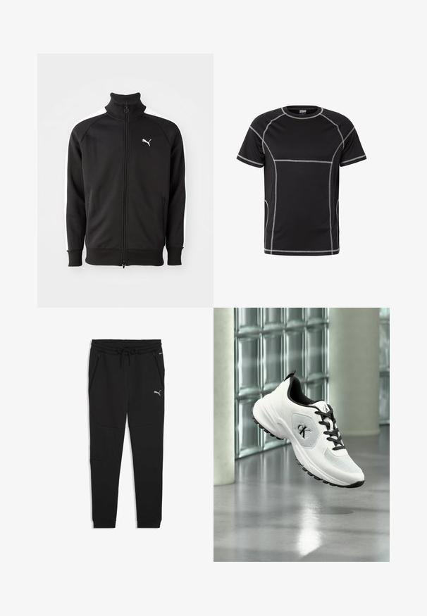 Zwarte ritssluitingjack gemaakt van gladde stof, met witte zijstrepen en een hoge kraag, met een klein wit Puma-logo op de borst.; Zwart sportshirt met korte mouwen met contrasterende witte flatlockstiksels en een ronde hals, afgebeeld tegen een witte achtergrond.; Zwarte joggingbroeken met een trekkoord in de taille, ritszakken en elastische boorden. Gemaakt van een zachte stof met een gladde textuur. Puma-logo weergegeven.; Witte en zwarte sportschoen met zwarte veters en CK-logo, zwevend boven een reflecterende betonnen vloer in een moderne ruimte met glazen blokken.