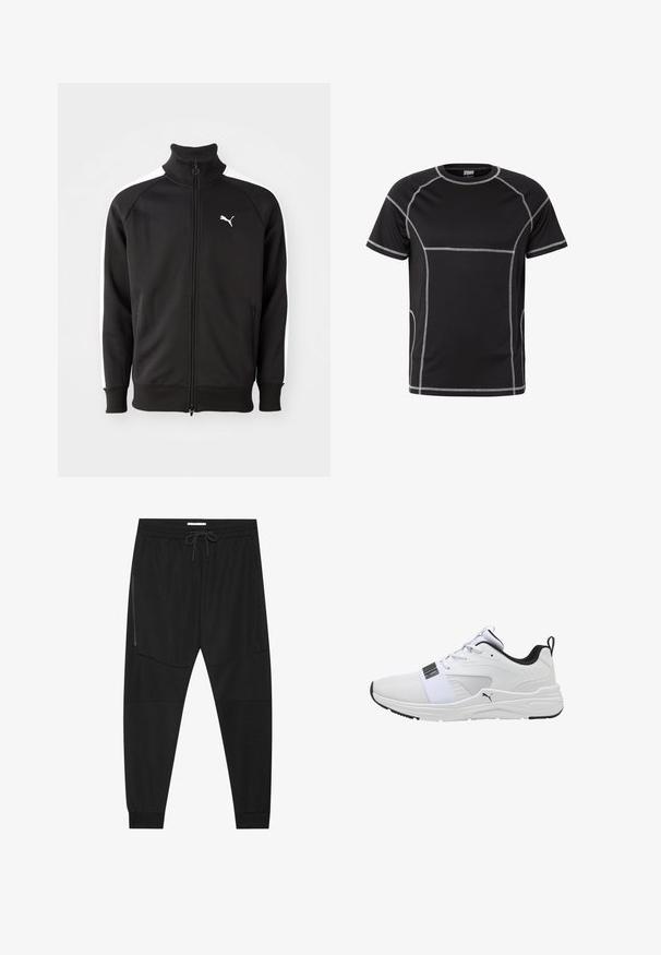 Veste noire zippée en tissu lisse, avec des rayures latérales blanches et un col montant, arborant un petit logo Puma blanc sur la poitrine.; T-shirt de sport noir à manches courtes avec des coutures plates blanches contrastantes et un col rond, présenté sur fond blanc.; Pantalons de sport noirs en tissu texturé, dotés d'une taille réglable, d'une poche latérale zippée et de chevrons resserrés.; Chaussures de sport blanches avec une tige en maille respirante, une sangle élastique, des accents noirs, un col rembourré et une semelle texturée.