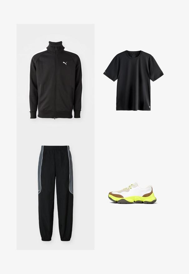 Zwarte ritssluitingjack gemaakt van gladde stof, met witte zijstrepen en een hoge kraag, met een klein wit Puma-logo op de borst.; Effen zwarte korte mouwen sport-T-shirt met een ronde hals, medium maatlabel binnen in de halslijn en klein logo op de onderste linkerbies.; Zwarte trainingsbroek met donkergrijze zijpanelen en witte bies, elastische tailleband en boorden, weergegeven tegen een witte achtergrond.; Sneakers met een bovenwerk van wit leer, bruine suede accenten en een felgele rubberen zool. Voorzien van groene veters en een ronde vorm.