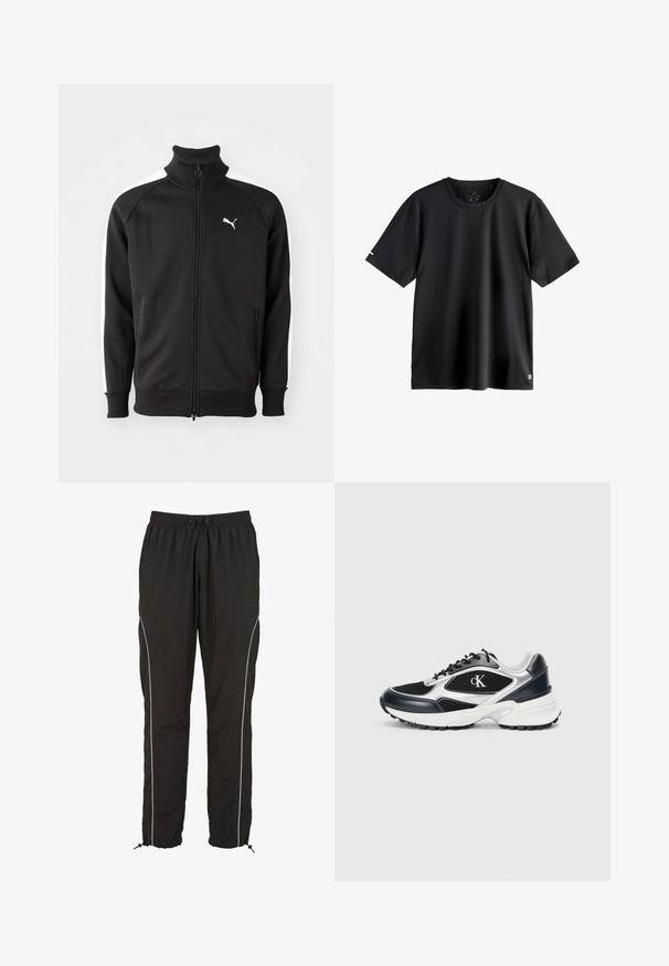 Zwarte ritssluitingjack gemaakt van gladde stof, met witte zijstrepen en een hoge kraag, met een klein wit Puma-logo op de borst.; Effen zwarte korte mouwen sport-T-shirt met een ronde hals, medium maatlabel binnen in de halslijn en klein logo op de onderste linkerbies.; Zwarte sportbroek met elastische tailleband, trekkoord en witte piping langs de zijkanten. Voorzien van verstelbare boorden met toggles.; Zwarte en zilveren sport sneaker met een bovenwerk van mesh en synthetisch materiaal, getextureerde accenten, dikke witte tussenzool en zwarte rubberen buitenzool. Bevat een logo.