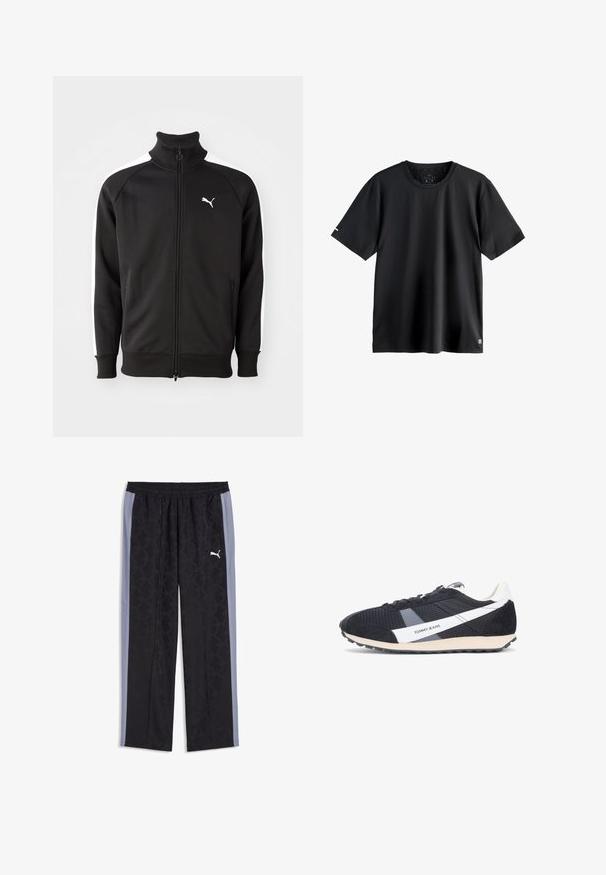 Zwarte ritssluitingjack gemaakt van gladde stof, met witte zijstrepen en een hoge kraag, met een klein wit Puma-logo op de borst.; Effen zwarte korte mouwen sport-T-shirt met een ronde hals, medium maatlabel binnen in de halslijn en klein logo op de onderste linkerbies.; Zwarte en grijze Puma trainingsbroek met subtiel geometrisch patroon en elastische tailleband, met een wit Puma-logo op de rechterdij.; Zwart-grijze sneakers met een bovenwerk van mesh, suède accenten, een wit logo en streepdessin, en een gestructureerde rubberen zool.