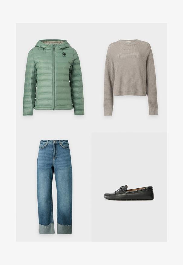Veste matelassée à capuche de couleur vert clair avec fermeture éclair à l'avant et petite pièce noire sur la poitrine, présentée sur un fond uni.; Pull gris clair à manches longues en maille, col rond et poignets côtelés, présentant un motif ajouré ample sur toute la surface.; Jean en denim bleu clair avec une coupe ample et droite. Caractérisé par un ourlet effiloché et un détail de revers contrastant. Conception à cinq poches avec fermeture par bouton.; Bateau en cuir noir avec un bout arrondi, des détails de couture, un petit accent en nœud et une semelle en caoutchouc. Texture lisse et design épuré.