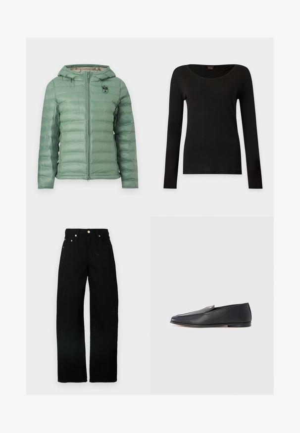 Veste matelassée à capuche de couleur vert clair avec fermeture éclair à l'avant et petite pièce noire sur la poitrine, présentée sur un fond uni.; Haut noir à manches longues ajusté avec encolure ronde, présenté à plat sur un fond clair.; Jean large noir en coton avec une texture douce, ornés de motifs brodés subtils et de garnitures dorées sur les poches.; Mocassins en cuir noir à texture lisse, bout arrondi et détails de couture subtils. Ils présentent un accent logo doré sur le côté supérieur.