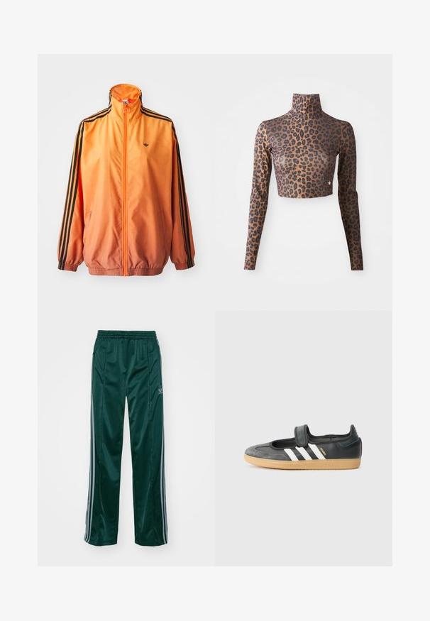 Oranje gradient trackjack met een gladde stof, voorzien van zwarte gestreepte accenten, hoge kraag en elastische manchetten met een rits aan de voorkant.; Leopardprint langsl sleeve crop top in bruin en zwart, met een hoge hals en een strakke, gladde textuur. Subtiele logo-detail aan de rand.; Donkergroene sportbroeken van glanzend materiaal, met zijstrepens in lichtgrijs en een geborduurd logo op het linkerbeen.; Zwarte leren en suède sneaker met een klittenbandsluiting, voorzien van drie witte strepen en een gumzool, met de naam "SAMBA" aan de zijkant.