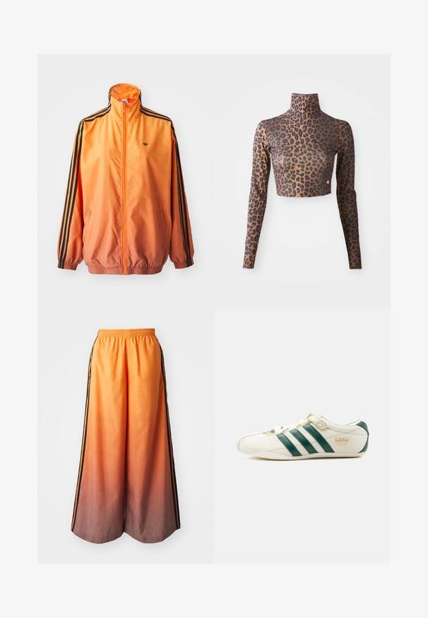 Orange gradient trackjakke lavet af glat stof, med sorte stribede detaljer, høj krave og elastiske manchetter samt lynlås foran.; Langærmet cropped top med leopardprint i brune og sorte farver, med høj hals og glat, sleek tekstur. Diskret logo-detalje ved kanten.; Orange gradient brede bukser med en sort sidestribe, der har en elastisk talje og letvægtsmateriale.; Hvid sneaker med grønne striber, en velcrolukning og teksten "Tokyo" på siden, vist fra den ydre side på en hvid baggrund.