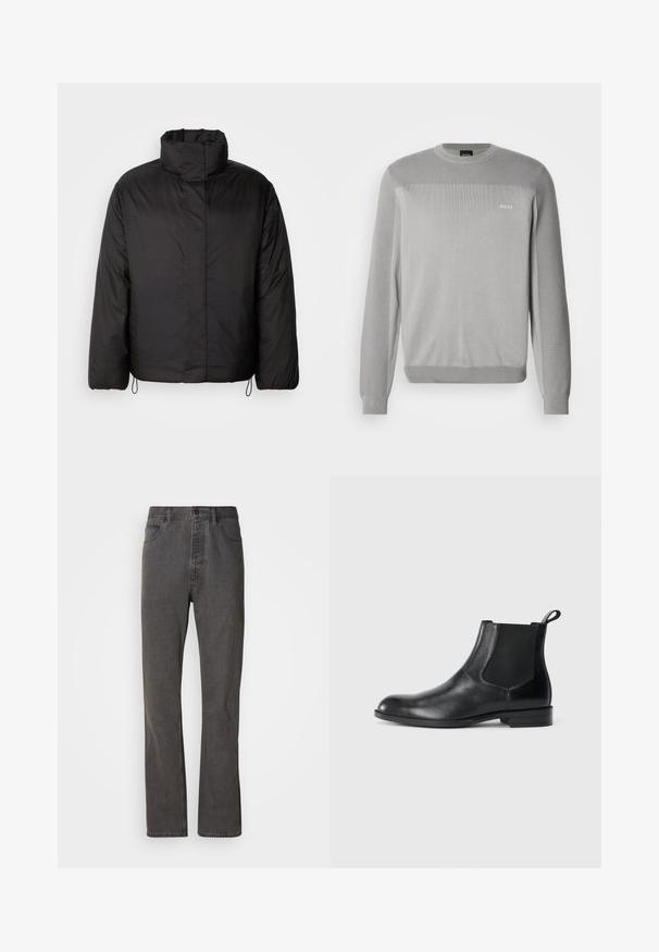 Sort puffers jakke med høj krave, lynlåslukning foran, lange ærmer og elastiske snøre i kanten. Glat, let tekstur.; Grå strikket sweater med lange ærmer, rund hals, ribstrikkede manchetter og kant. Har subtil teksturvariation og BOSS-logo på brystet.; Grå denim jeans med lige ben-design, der har forlommer, knaplukning og subtil tekstur.; Sorte læder ankelstøvler med elastiske sidepaneler, rund tå og en trækloft. Glat tekstur, flad sål, minimalistisk design.