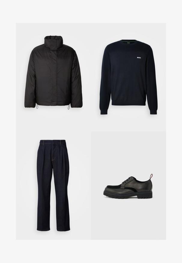 Sort puffers jakke med høj krave, lynlåslukning foran, lange ærmer og elastiske snøre i kanten. Glat, let tekstur.; Marineblå langærmet sweatshirt med rund hals og ribbede manchetter og kant, med et lille hvidt "BOSS" logo på venstre bryst.; Mørkeblå vidde denim jeans med frontfældninger og orange syninger, vist på hvid baggrund.; Sort læder snøresko med tyk slidbanesål og rød hælestropp, vist i sideprofil på en lysegrå baggrund.