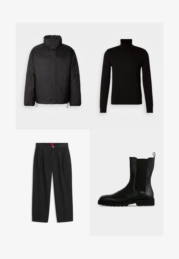 Sort puffers jakke med høj krave, lynlåslukning foran, lange ærmer og elastiske snøre i kanten. Glat, let tekstur.; Sort turtleneck sweater lavet af et fint strikket stof, der har lange ærmer og en tætsiddende silhuet. Glat tekstur med ribbede manchetter.; Sorte bukser med høj talje med forreste læg, bæltestropper, knap og lynlås lukning samt en rød label indeni linningen.; Sort læderankelstøvle med elastisk sidepanel, chunky sål og trækflig bagpå, med et lille guld "Hugo" logo nær hælen.