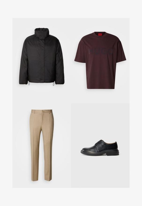 Sort puffers jakke med høj krave, lynlåslukning foran, lange ærmer og elastiske snøre i kanten. Glat, let tekstur.; Burgunderfarvet oversized t-shirt med rund hals og korte ærmer, med en mørk "HUGO"-logo foran i mat finish.; Beige skræddersyede bukser i tekstureret stof med flad front og lige ben. Har sidelommer og bæltestropper, der giver et poleret udtryk.; Sorte læder oxford sko med rund tå, snørebånd foran og lav, stablet hæl på lys baggrund.