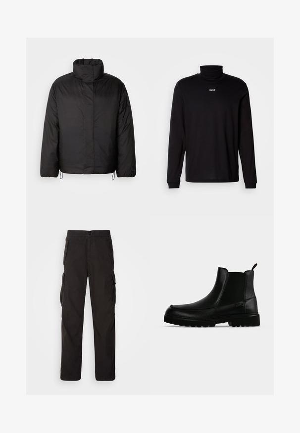 Schwarze Daunenjacke mit hohem Kragen, Reißverschluss vorne, langen Ärmeln und elastischen Kordeln am Saum. Glatte, leichte Textur.; Schwarzes Langarm-Turtleneck-Shirt aus glattem Stoff, mit einem weißen "HUGO"-Logo auf der Brust, eng anliegend an den Bündchen und dem Saum.; Schwarze Cargo-Hose mit geradem Schnitt, elastischem Bund, mehreren Seitentaschen und einem strukturierten Stoff für hohe Langlebigkeit.; Schwarzer Lederknöchelstiefel mit strukturierter Sohle, elastischen Seitenteilen und Zuglasche vor einem hellgrauen Hintergrund.