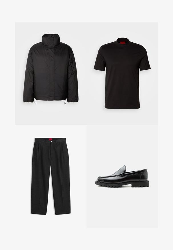 Sort puffers jakke med høj krave, lynlåslukning foran, lange ærmer og elastiske snøre i kanten. Glat, let tekstur.; Sort kortærmet t-shirt med høj hals design. Fremstillet af glat stof. Har et rødt mærke på indersiden af kraven.; Sorte bukser med høj talje med forreste læg, bæltestropper, knap og lynlås lukning samt en rød label indeni linningen.; Sort læderloafer med chunky gummisål, syet overdel og præget mærkenavn på hælen, vist i sideprofil på hvid baggrund.