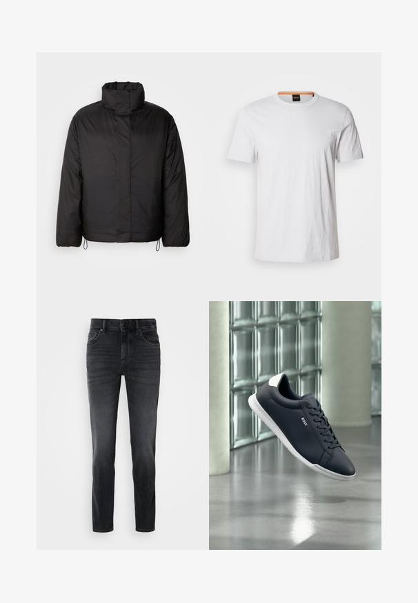 Sort puffers jakke med høj krave, lynlåslukning foran, lange ærmer og elastiske snøre i kanten. Glat, let tekstur.; Hvid kortærmet t-shirt lavet af blødt bomuld, med rund halsudskæring og subtil logo-detalje i matchende hvid på fronten.; Sorte denimjeans med slim fit, der har en mellemhøj talje, klassisk fem-lomme design og subtle falmning på benene.; Sort læder sneaker med hvid sål og hæltab, "BOSS" brandlogo på siden, vist svævende mod baggrund af glasblok og beton.
