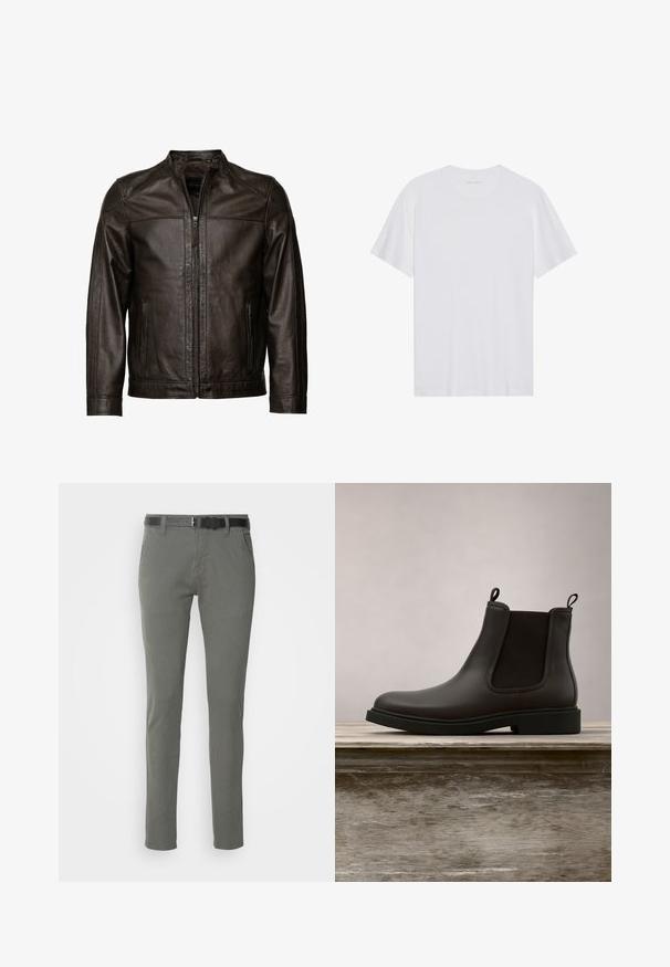JCC Leren jas - brown; Witte katoenen T-shirt met korte mouwen, een ronde hals en een gladde textuur. Heeft minimale branding op de halslijn.; Grijze katoenen chinos met een slim fit, voorzien van een zwarte riem, twee zijzakken en een eenvoudig ontwerp. Zachte textuur zonder zichtbare patronen.; Zwarte leren Chelsea-boot met elastische zijpanelen en trekbanden, zwevend boven een houten bankje buiten met een achtergrond van gras.