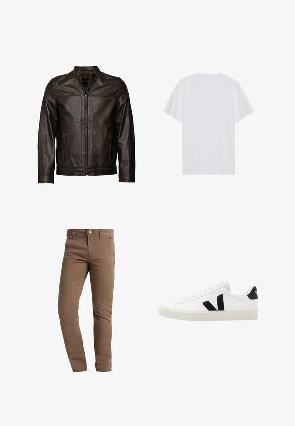 JCC Læderjakker - brown; Hvid bomulds T-shirt med korte ærmer, rund hals og en glat tekstur. Har minimal branding på halsudskæringen.; Blend BHNATAN SLIM FIT - Chino - mocca brown; Hvide lædersneakers med sorte ruskindsdetaljer; har en gummisål, rund tå og klassisk snørebåndsdesign. Side logo i sort.