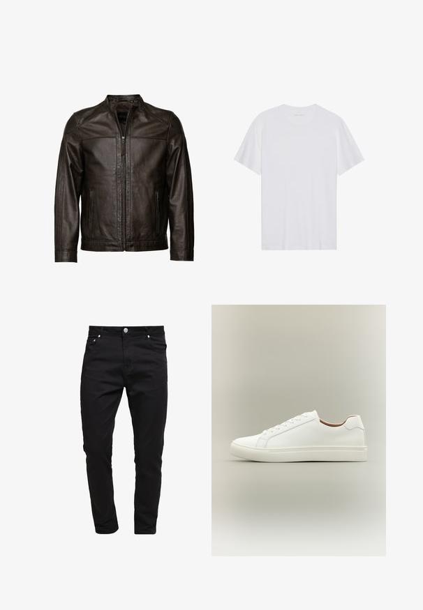 JCC Læderjakker - brown; Hvid bomulds T-shirt med korte ærmer, rund hals og en glat tekstur. Har minimal branding på halsudskæringen.; Sorte jeans lavet af denimstof, slim fit design, fem-lomme stil, metal knaplukning, med syninger og en glat tekstur.; Hvid lavt snøresko med snørelukning og flad sål, vist fra siden på en neutral baggrund.