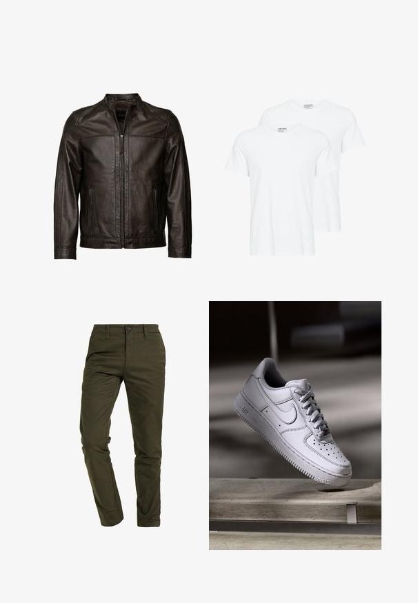 JCC Læderjakker - brown; To ensfarvede hvide T-shirts med korte ærmer og rund hals, der overlapper hinanden på en hvid baggrund.; Olivengrønne chinos lavet af holdbar bomuldsblanding, med slim fit, flad front, standardlommer og en sikker knaplukning.; Hvid læder Nike Air Force 1 sneaker med perforeret tå, flade snørebånd og tekstureret gummisål med "AIR" branding på siden.