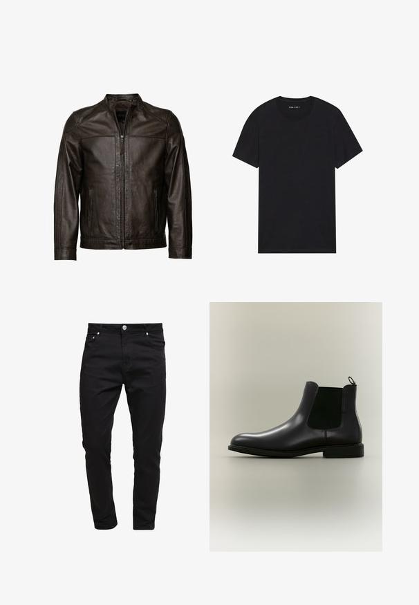 JCC Læderjakker - brown; Sort bomulds t-shirt med korte ærmer og rund halsudskæring. Stoffet har en glat tekstur og et enkelt, ensfarvet design.; Sorte jeans lavet af denimstof, slim fit design, fem-lomme stil, metal knaplukning, med syninger og en glat tekstur.; Sort læder Chelsea-støvle med elastiske sidepaneler og en trækkehåndtag på en neutral baggrund, vist i sideprofil.