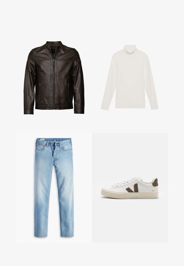 JCC Læderjakker - brown; Langærmet turtleneck top i hvid. Blødt, strækbart stof med en tætsiddende silhuet. Har en høj krave og minimal sømdetaljering.; Lyseblå denimjeans med lige ben, der har fem lommer, bæltestropper og lukning med knapper.; Hvide læder sneakers med en lys beige gummisål. Har en brun ruskinds V-logo og hælflap. Snørret lukning med en struktureret overflade.