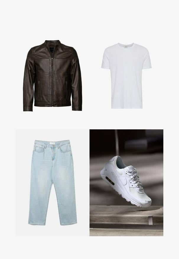 JCC Læderjakker - brown; Plain hvid kortærmet t-shirt med rund hals, vist på en hvid baggrund, med et lille nakke-label, der viser mærket “Solid”.; Lys blå denim jeans med en afslappet pasform, fem lommer, en knaplukning og subtil fadeeffekt. Teksturen er glat og lidt slidt.; Hvide Nike Air Max 90 sneakers med en overdel i mesh og læder, perforeret tåboks og en synlig luftenhed i hælen.