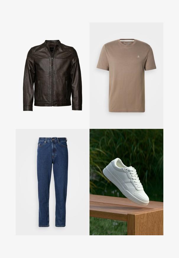 JCC Læderjakker - brown; Taupe kortærmet bomuld T-shirt med rund hals og lille hvid "M OP"-logo på øverste venstre bryst fra Marc O'Polo.; Mørkeblå jeans lavet af denim, med lige ben, fem-lommer stil og synlige syninger langs sømmene.; Hvide lædersneakers med en glat overflade, prydet med perforeret design, klassisk snørering og gummisål, placeret over en træoverflade.