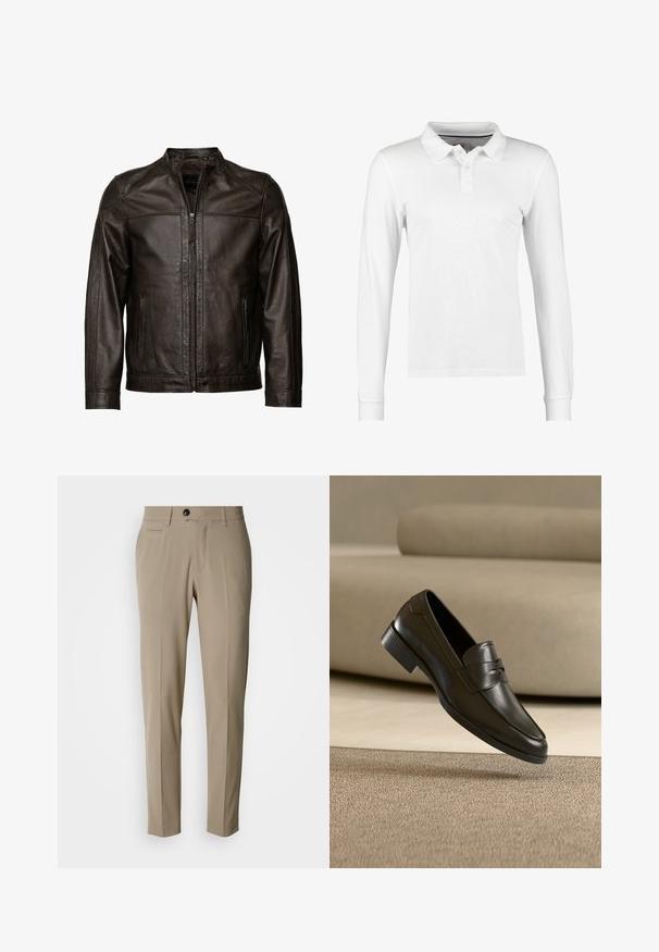 JCC Leren jas - brown; Langsleeve polo shirt van witte katoen, met een kraag-halslijn, drie-knopsluiting en een effen textuur zonder patronen of versieringen.; Beige op maat gemaakte broek met een vlak voorkant, zijzakken, riemlussen en een enkele zwarte knoopsluiting. Gladde stoftextuur.; Zwarte leren loafer zwevend boven een beige tapijt met een beige bank op de achtergrond, met een klassiek mannenmodel instapontwerp.