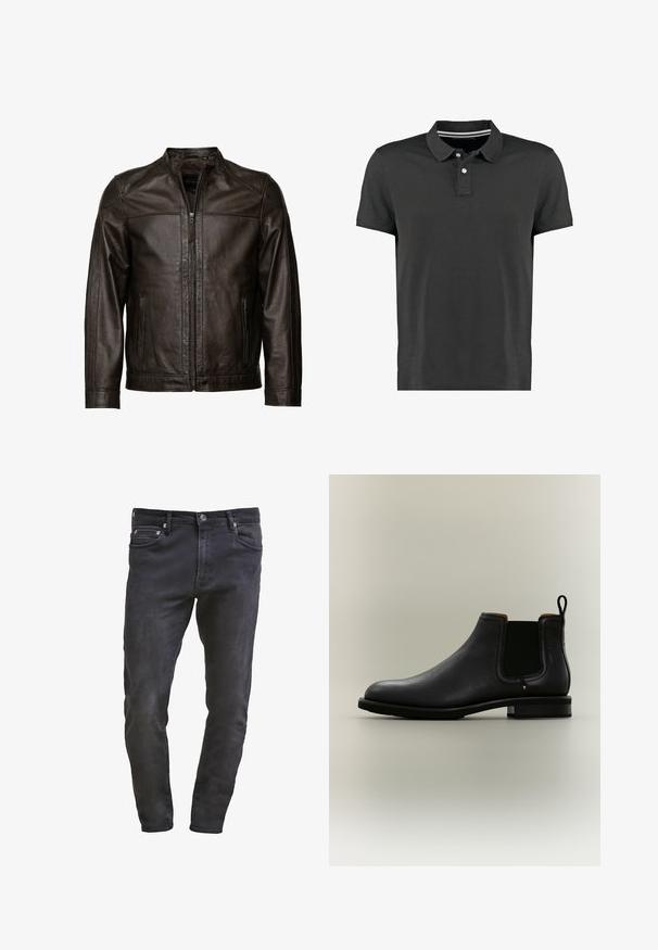 JCC Leren jas - brown; Zwarte poloshirt gemaakt van katoen, met een klassieke kraag, drie knopen en een subtiel gestreept detail bij de nek. Korte mouwen.; Slim-fit zwarte denim jeans met vijf-vakken design, ritssluiting en subtiele wassing. Soepele textuur met een donkere wasfinish.; Zwarte leren Chelsea enkellaars met elastische zijpanelen en treklus op een lichtgrijze achtergrond.