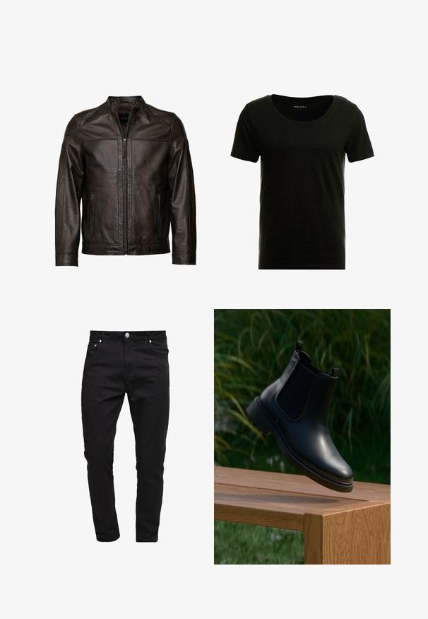 JCC Læderjakker - brown; Sort kortærmet T-shirt med rund halsudskæring, blød tekstur og en afslappet pasform. Fremstillet af let, åndbart materiale.; Sorte jeans lavet af denimstof, slim fit design, fem-lomme stil, metal knaplukning, med syninger og en glat tekstur.; Sort læder ankelstøvle med elastiske sidepaneler, der svæver over en træbænk, med grønne planter i baggrunden.