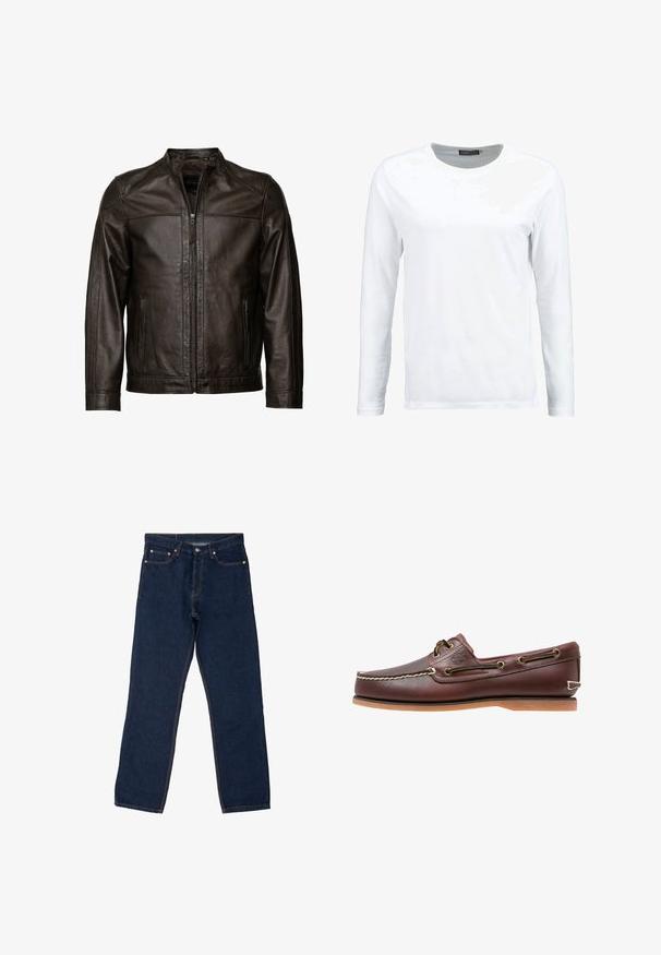 JCC Læderjakker - brown; Hvid langærmet t-shirt lavet af bomuld, med rund hals og en glat tekstur. Ingen mønstre eller detaljer. Enkel design.; Mørkeblå denimjeans med lige ben, synlig syninger i kontrasterende orange, fem lommer og en standard knaplukning.; Brun læder bådsko med hvide sømme, snøre detaljer og lysbrun gummisål, vist fra siden på hvid baggrund.