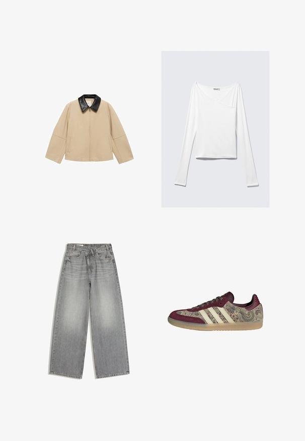 Beige jas met een zwarte faux leren kraag, ritsluiting en twee zijzakken; heeft een boxy ontwerp en brede mouwen.; Witte long-sleeve top met een crossover ontwerp en een zak. Gemaakt van een gladde, rekbare stof. Geknipt in een casual, relaxte pasvorm.; Grijze wijde spijkerbroek van denim met knoop- en ritssluiting, voorzakken en riemlussen, plat gelegd op een witte achtergrond.; Sneaker met bordeauxrode suède overlays, paisley stoffen panelen, crème drie strepen, rubberen zool en zwarte veters gezien van de zijkant.