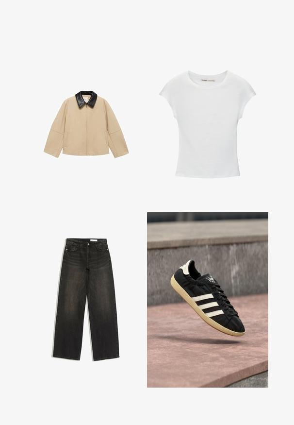 Beige jas met een zwarte faux leren kraag, ritsluiting en twee zijzakken; heeft een boxy ontwerp en brede mouwen.; Witte katoenen T-shirt met korte, opgerolde mouwen, een ronde halslijn en een rechte zoom. Gladde textuur zonder zichtbare patronen of accenten.; Zwarte wijd uitlopende spijkerbroek met voorzakken, riemlussen en knoopsluiting op een witte achtergrond.; Zwarte Adidas sneaker met witte strepen en beige zool, vastgelegd in de lucht boven een stenen oppervlak en een stenen muur op de achtergrond.