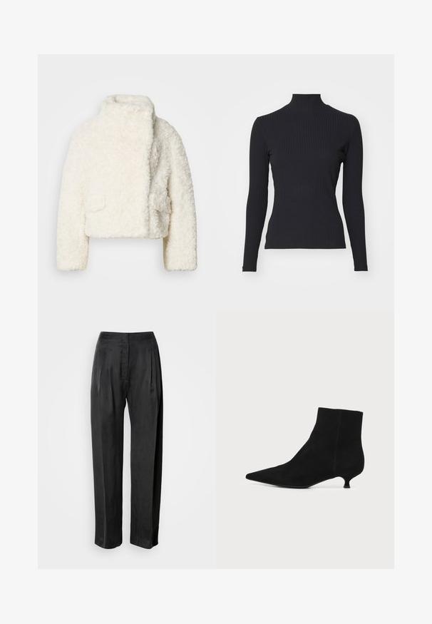 Veste courte en fausse fourrure blanche avec un col haut, surface texturée et deux poches avant. Présente une coupe décontractée et un tissu doux.; Haut noir à col roulé côtelé avec des manches longues. Fabriqué en tissu extensible avec une coupe ajustée et un col montant. Design simple sans embellissements.; Pantalon noir à jambes larges en tissu lisse, avec plis sur le devant, braguette zippée et ceinture classique.; Bottine en daim noir à bout pointu et talon kitten bas sur fond clair uni.