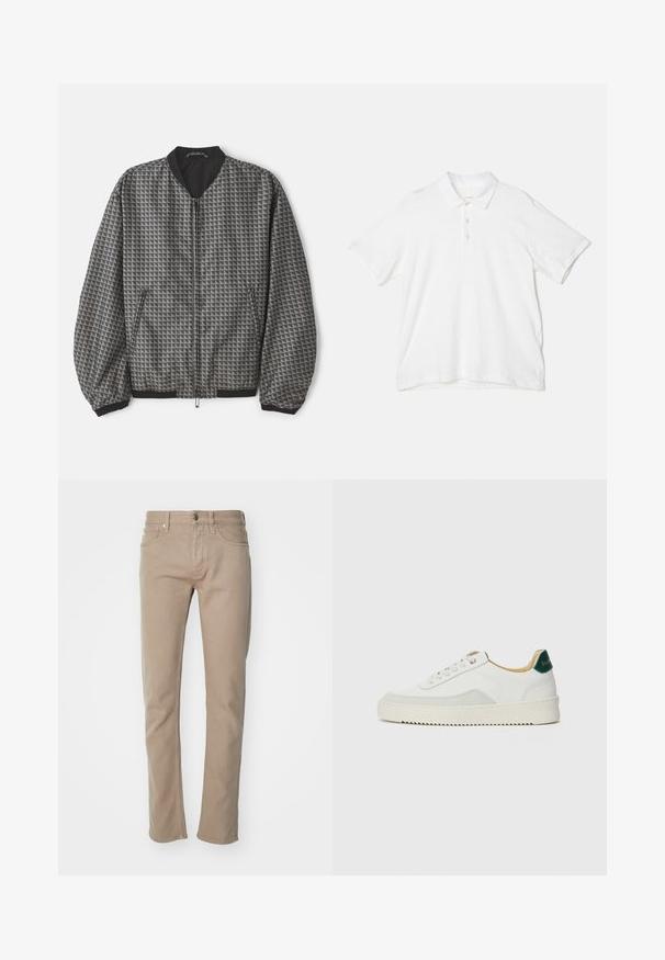 Tekstuuriga pommijakk halli värviga, millel on geomeetriline muster. Omab tõmblukuga esiosa, musta krae ning elastseid mansette ja allääre.; rag & bone CLASSIC FLAME - Polosärk - white; Bežist puuvillased sirged teksad, mis on varustatud nupusuletuse, viie tasku disaini ja sileda tekstuuriga, millel on vähesed õmblusdetailid.; Valged tennisjalanõud, millel on sametised aktsendid, ümar varvas, lame nöörid ja kreemjas kummine põhja. Hästi nähtav roheline bränding kannal.
