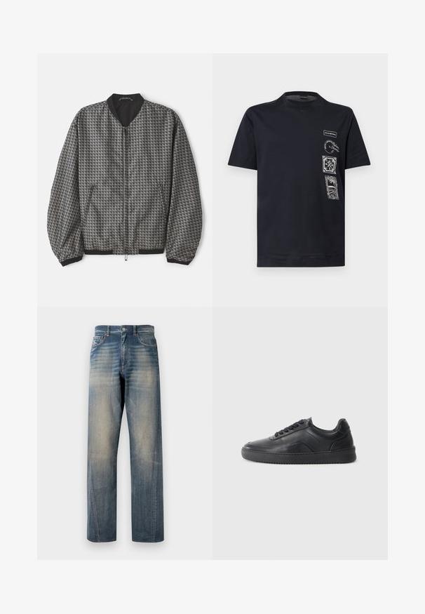 Struktureret bomberjakke i grå med et geometrisk mønster. Har lynlås foran, sort krave samt elastiske manchetter og bund.; Sort kortærmet T-shirt med rund hals, med fire hvide grafiske patches med tekst og designs på øverste venstre forside.; Lys blå denim jeans med lige ben, der har slidte områder, fem lommer og en klassisk knaplukning.; Sorte lædersneakers med en glat finish, rund tå, struktureret sidelæder og sorte snørebånd. Har en flad gummisål og et minimalistisk design.