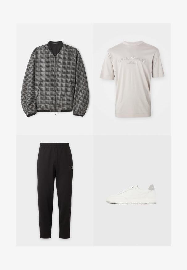 Struktureret bomberjakke i grå med et geometrisk mønster. Har lynlås foran, sort krave samt elastiske manchetter og bund.; Lyse beige kortærmet t-shirt lavet af blødt stof, med broderet "Emporio Armani Milano" logo i en lidt mørkere nuance.; Sorte elastiske sweatpants med taperede ben og et lille hvidt logo på den øverste venstre lår.; Hvid lavtop-sneaker med gråt hælflig, hvide snørebånd og tekstureret sål, vist på en ensfarvet lys baggrund.