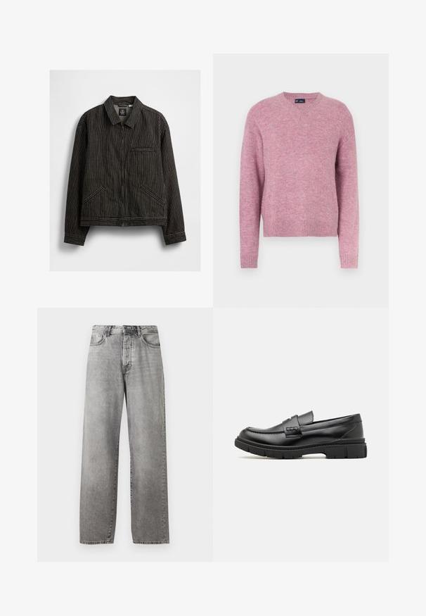 Schwarze Zip-Jacke mit weißen vertikalen Nadelstreifen, ausgestattet mit einem Kragen, zwei Seitentaschen und einer Brusttasche mit Paspel.; Rosa Strickpullover mit Rundhalsausschnitt, langen Ärmeln und gerippten Bündchen. Weiche Textur und lockere Passform, geeignet für die Freizeit.; Grauweite Jeans aus Denim. Sie verfügen über eine hohe Taille, fünf Taschen und einen Knopf- sowie Reißverschluss. Zarte Ausbleichungen über dem Stoff.; Schwarze Lederloafer mit einem breiten Riemen über dem Rist, Gummisohle mit dicken Profilen und glatter Textur. Klassisches, schlankes Design.