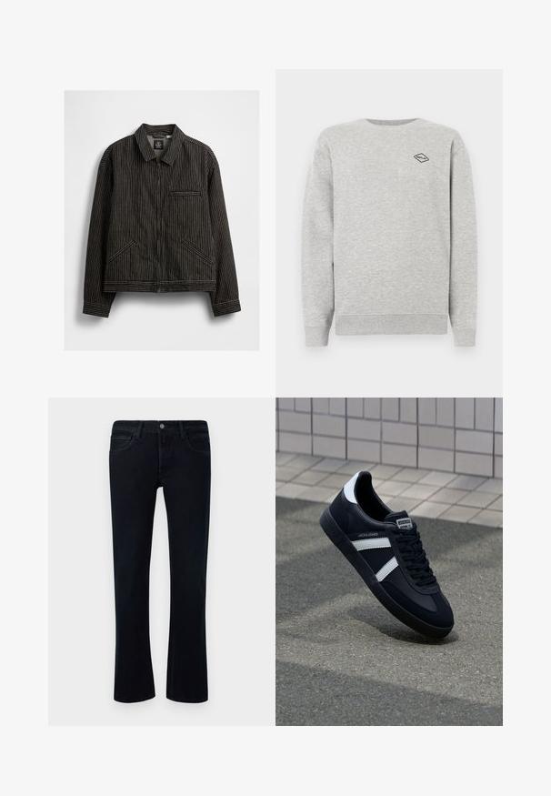 Zwarte zip-up jas met witte verticale streepjes, met een kraag, twee zijkentasjes en een borstzak met bies.; Grijze sweatshirt gemaakt van een katoenmix, met een ronde hals en geribbelde manchetten. Een klein zwart diamantlogo is geborduurd op de borst.; Zwarte denim jeans met een lichte flare, vijf-pocket ontwerp, riemlussen en een knoopsluiting op een witte achtergrond.; Zwarte leren sneaker met witte strepen, een gestructureerde rubberen zool en vetersluiting aan de voorkant. Voorzien van een merklabel op de tong.