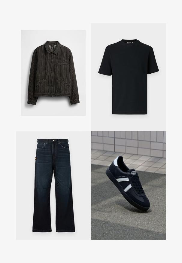 Zwarte zip-up jas met witte verticale streepjes, met een kraag, twee zijkentasjes en een borstzak met bies.; Zwart, geribd, gebreid T-shirt met korte mouwen en ronde hals, met een klein zichtbaar label aan de binnenkant van de kraag.; Donkerblauwe broek met rechte pijpen, klassieke vijf-pocket ontwerp, riemlussen en subtiele vervaging bij de voorkant en knieën.; Zwarte leren sneaker met witte strepen, een gestructureerde rubberen zool en vetersluiting aan de voorkant. Voorzien van een merklabel op de tong.