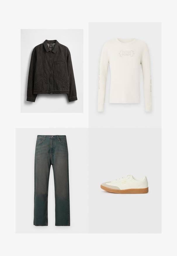 Zwarte zip-up jas met witte verticale streepjes, met een kraag, twee zijkentasjes en een borstzak met bies.; Crèmekleurig geribd T-shirt met lange mouwen, met "DODGE DEMON" geborduurd op de voorkant en afbeeldingen gedrukt op de rechter mouw. Zachte textuur.; Donkergroene spijkerbroek met rechte pijpen, voorzien van een klassiek ontwerp met vijf zakken en contrasterende stiksels langs de naden.; Schoen gemaakt van wit leer met een beige teenkap en een lichtbruine rubberen zool. Voorzien van platte witte veters en reliëfbranding aan de zijkant.