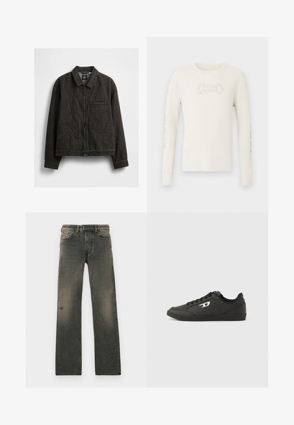 Zwarte zip-up jas met witte verticale streepjes, met een kraag, twee zijkentasjes en een borstzak met bies.; Crèmekleurig geribd T-shirt met lange mouwen, met "DODGE DEMON" geborduurd op de voorkant en afbeeldingen gedrukt op de rechter mouw. Zachte textuur.; Grijze denim jeans met een losse pasvorm, voorzien van een knoopsluiting, subtiele vervaging en slijtage bij de knie. Vijfzakkenontwerp.; Zwarte sneakers van synthetisch materiaal met een geribbelde zwarte zool, ronde neus en vlakke zwarte veters. Opvallend wit logomerk aan de buitenzijde.