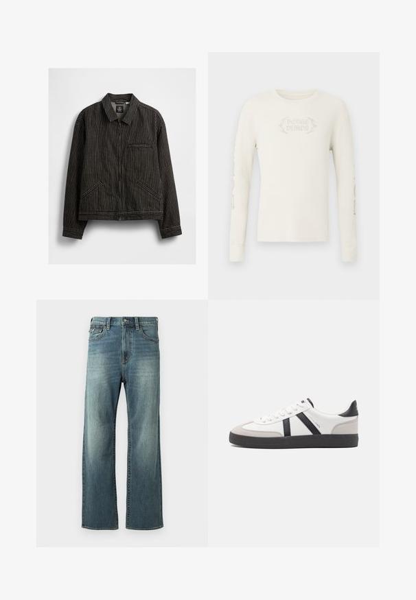 Zwarte zip-up jas met witte verticale streepjes, met een kraag, twee zijkentasjes en een borstzak met bies.; Crèmekleurig geribd T-shirt met lange mouwen, met "DODGE DEMON" geborduurd op de voorkant en afbeeldingen gedrukt op de rechter mouw. Zachte textuur.; Lichtblauwe denim jeans met een rechte pijp, lichte vervaging, vijf zakken en riemlussen. Kenmerkt zich door stiksels en een knoopsluiting.; Witte sneaker met zwarte en grijze accenten, voorzien van een grijze neus met textuur, zwarte rubberen zool en platte witte veters. Schoon ontwerp, minimalistische stijl.