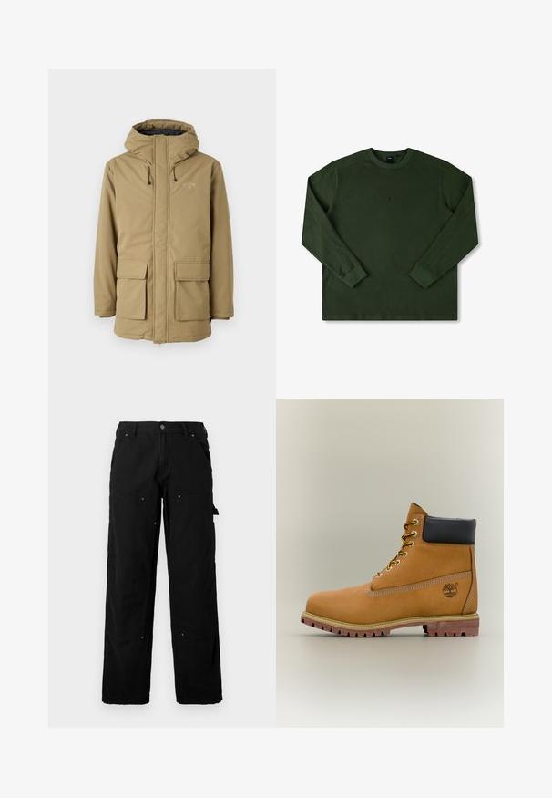 Veste imperméable kaki avec capuche, fermeture éclair, deux poches avant et poignets élastiques. Présence d'un logo sur la partie supérieure gauche de la poitrine.; Sweatshirt à manches longues, col rond en vert foncé, texture côtelée, avec des poignets et un ourlet assortis. Présente un petit logo discret sur la poitrine.; Pantalons cargo noirs en tissu durable, dotés de plusieurs poches, d'une coupe détendue, de coutures visibles et de détails de boutons-pression.; Bottine en cuir marron avec col noir, lacets jaunes et semelle beige. Présente un logo et des détails de couture blanche. Semelle extérieure à traction robuste.