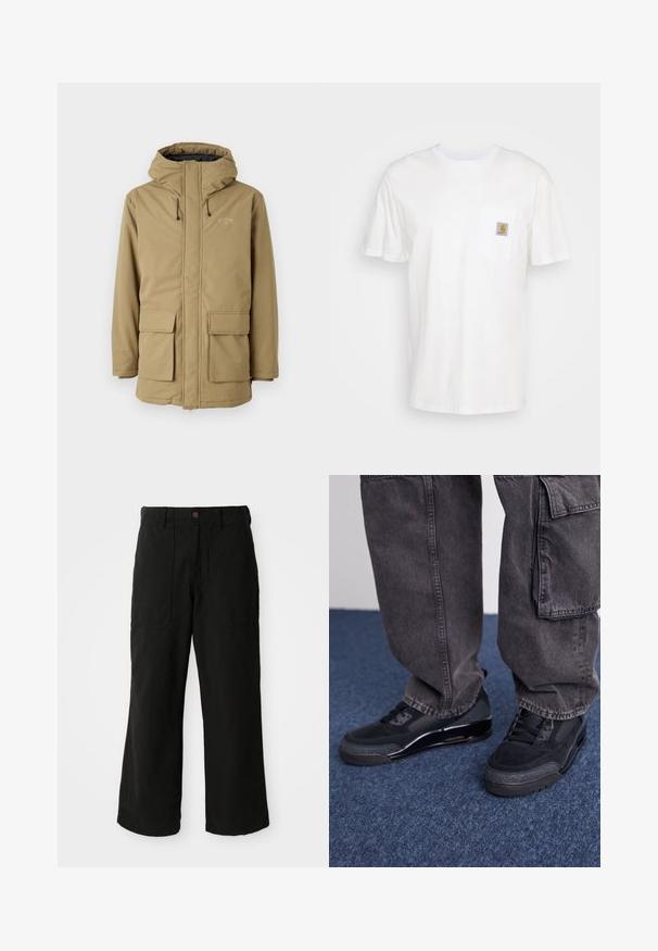 Veste imperméable kaki avec capuche, fermeture éclair, deux poches avant et poignets élastiques. Présence d'un logo sur la partie supérieure gauche de la poitrine.; T-shirt en coton blanc à manches courtes, avec une poche poitrine et un petit patch logo carré en orange et blanc sur la poche.; Pantalons noirs à large jambe en tissu doux, dotés de poches avant et d'une fermeture à bouton à la taille. Design minimaliste sans motifs visibles.; Des chaussures de sport noires avec une surface texturée, des accents lisses et une semelle épaisse, accompagnées de pantalons cargo larges et foncés.