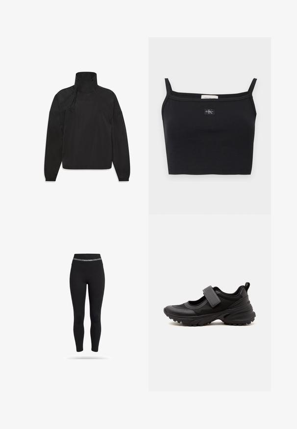 Veste légère noire avec un col haut, fermeture éclair, poignets élastiques et logo sur le devant, fabriquée en matériau lisse et résistant à l'eau.; Haut court côtelé noir avec fines bretelles et petit patch logo Calvin Klein centré sur la poitrine.; Leggings de sport noirs taille haute avec une ceinture grise affichant le logo Calvin Klein à l'avant.; Chaussure athlétique noire style Mary Jane avec semelle épaisse à crampons, bride ajustable sur le dessus et languette à l'arrière du talon.