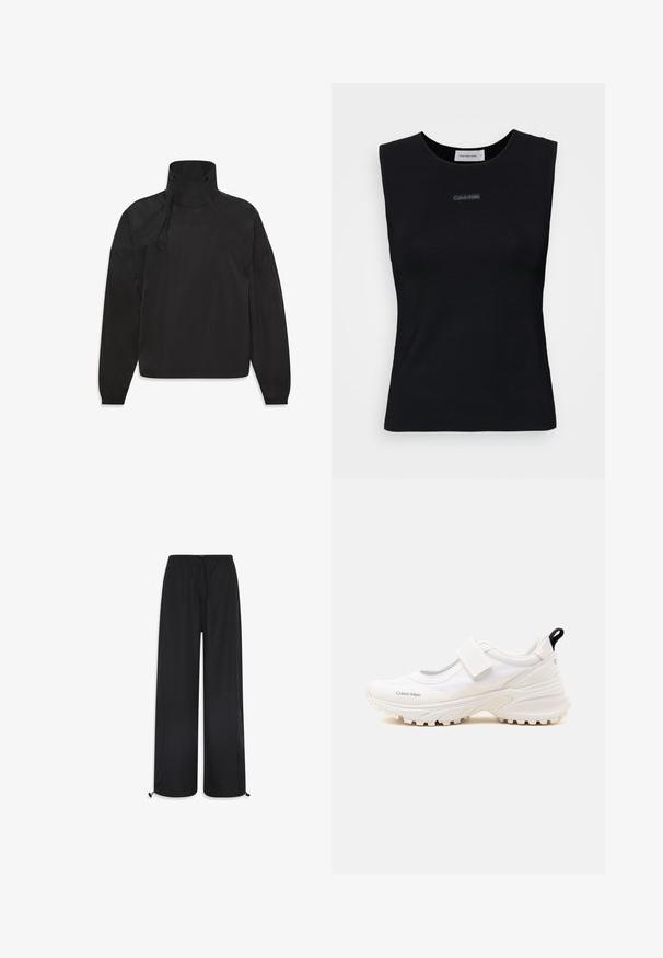 Veste légère noire avec un col haut, fermeture éclair, poignets élastiques et logo sur le devant, fabriquée en matériau lisse et résistant à l'eau.; Top sans manches noir en tissu lisse. Doté d'un col rond et d'un petit logo Calvin Klein au centre. Design simple et ajusté.; Pantalons larges noirs en tissu léger. Ils sont dotés d'une taille élastique avec un cordon de serrage et des poignets réglables à l'ourlet.; Chaussure de sport Calvin Klein blanche avec semelle épaisse et bride velcro, design bas et languette noire au talon.