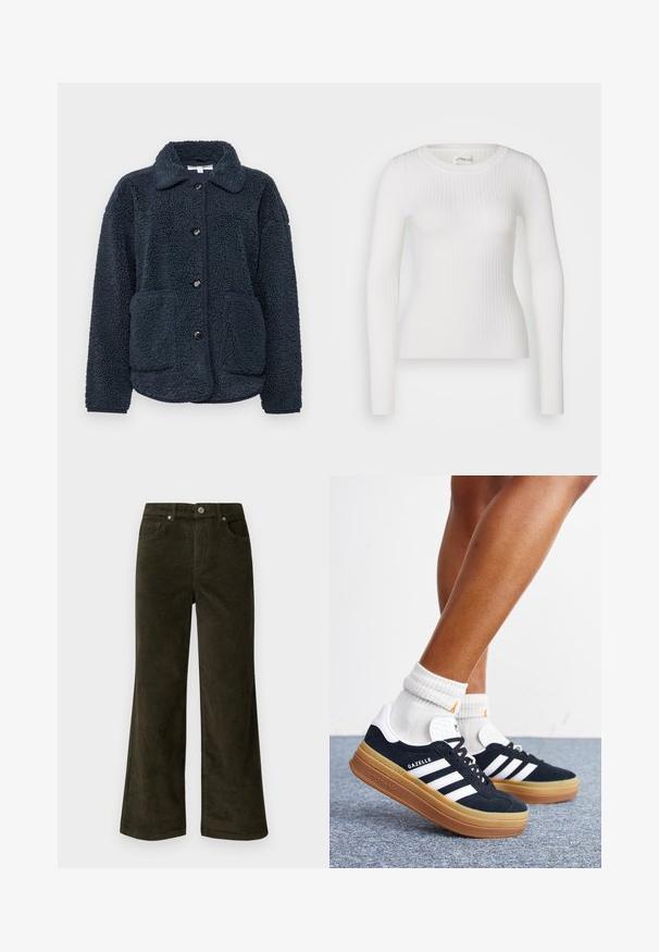 Marineblå fleecejakke med tekstureret stof, knaplukning, spidse krave og to forlommer. Designet til varme og komfort.; Hvid langærmet ribbet top med en rund halsudskæring. Stoffet er glat og har en subtil tekstur samt en tætsiddende design. Ingen synlige detaljer eller mønstre.; Vero Moda Petite VMTESSA PANTS - Bukser - forest night; Ben iført hvide sokker og sorte Adidas Gazelle sneakers med hvide striber og tykke brune såler på et gråt tæppe.