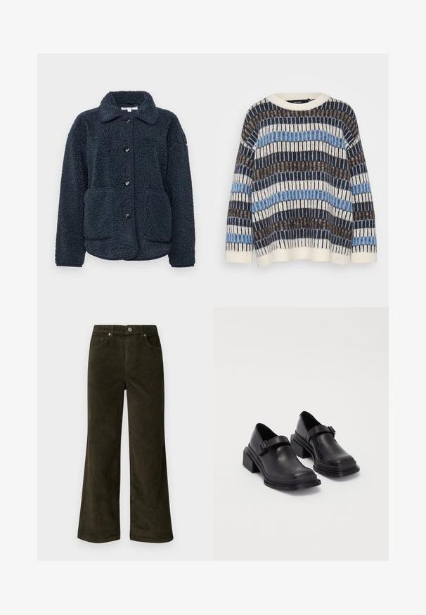 Dunkelblaues Fleece-Jackett aus strukturiertem Stoff, mit Knopfverschluss, spitzem Kragen und zwei Fronttaschen. Entworfen für Wärme und Komfort.; Vero Moda Petite VMTIFFANY O NECK - Strickpullover - birch/chocolate torte/allure; Vero Moda Petite VMTESSA PANTS - Stoffhose - forest night; Schwarze Lederhalbschuhe mit runder Zehenpartie, flacher Sohle und einem Riemen mit Schnallen-Detail. Robuster Blockabsatz für zusätzliche Stabilität.