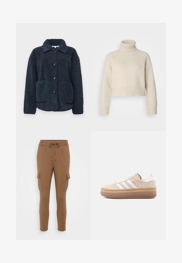 Marineblå fleecejakke med tekstureret stof, knaplukning, spidse krave og to forlommer. Designet til varme og komfort.; Cremefarvet strikket sweater med høj ribbet turtleneck, cropped længde samt ribbede manchetter og kant. Glat tekstur med et ensfarvet mønster.; Brune cargo bukser med snoretræk i taljen, to sidelommer og elastiske manchetter. Lavet af blødt stof med en glat tekstur.; Beige ruskindsneaker med hvide læderdetaljer, der har tre hvide striber, et gyldent logo og en tyk, gennemsigtig gummisål.