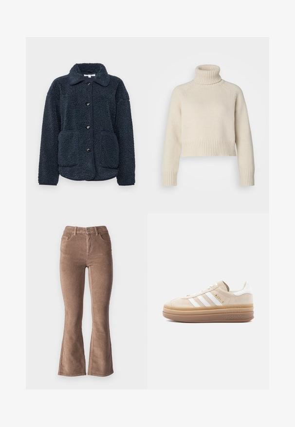 Marineblå fleecejakke med tekstureret stof, knaplukning, spidse krave og to forlommer. Designet til varme og komfort.; Cremefarvet strikket sweater med høj ribbet turtleneck, cropped længde samt ribbede manchetter og kant. Glat tekstur med et ensfarvet mønster.; Brune fløjlsbukser med udvidede ben og ribbet tekstur, der har højt talje, fem lommer og en frontknaplukning.; Beige ruskindsneaker med hvide læderdetaljer, der har tre hvide striber, et gyldent logo og en tyk, gennemsigtig gummisål.