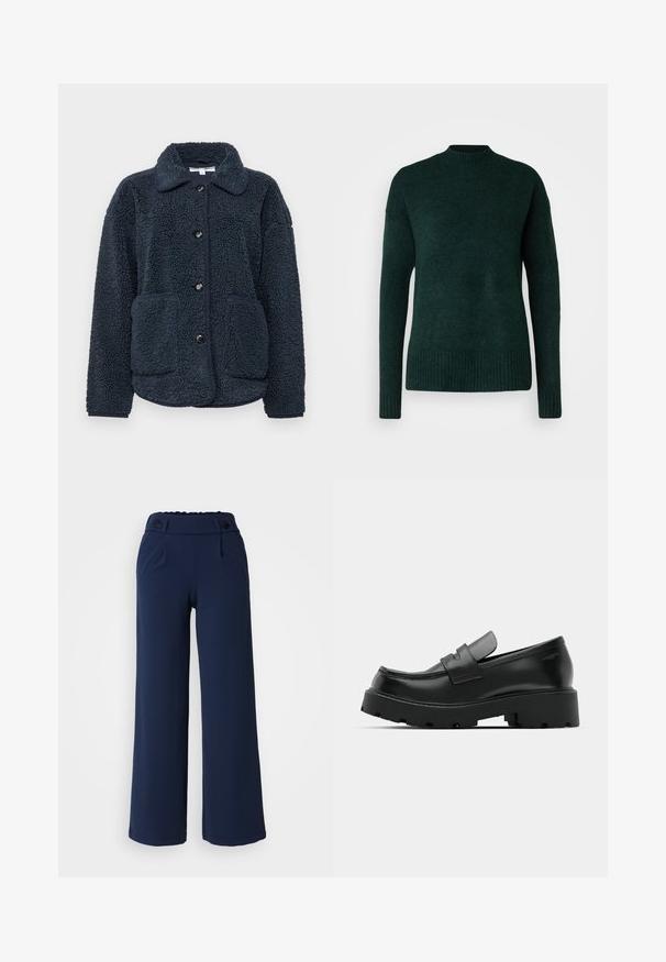Chaqueta de forro polar azul marino con un tejido texturizado, cierre de botones, cuello con puntas y dos bolsillos frontales. Diseñada para ofrecer calidez y comodidad.; Vero Moda Tall VMLEFILE BOXY - Jersey de punto - scarab melange; Pantalones de wide-leg en color navy, hechos de una tela suave; cuentan con un frente plano, dos bolsillos laterales y cierre de doble botón en la cintura.; Mocasines de cuero negro con suela gruesa y texturizada, que presentan una correa sobre el empeine y un acabado suave y pulido.